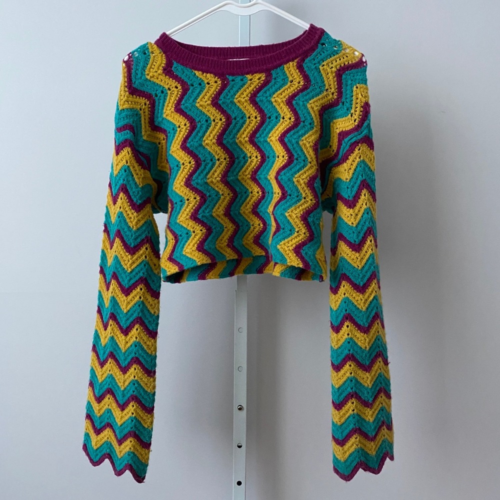 ButterMelon Boho Y2K Zig Zag Crochet Knit Cropped Sweater S Multicolor